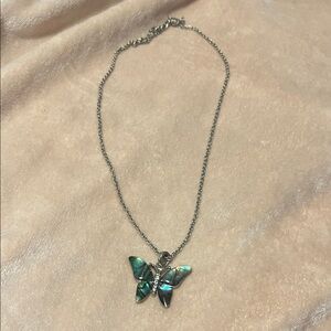 Silver tone clear crystals Abalone Butterfly Necklace
